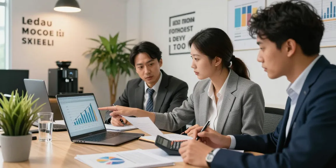 Team analyzing the cheapest merchant cash advance in the UK, discussing financial growth with charts and laptops in a modern office.