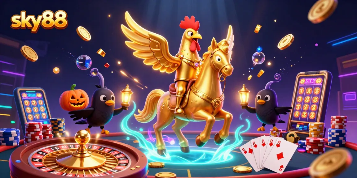 Spin to win at sky88 with a golden rooster and casino excitement in this vibrant 3D illustration.