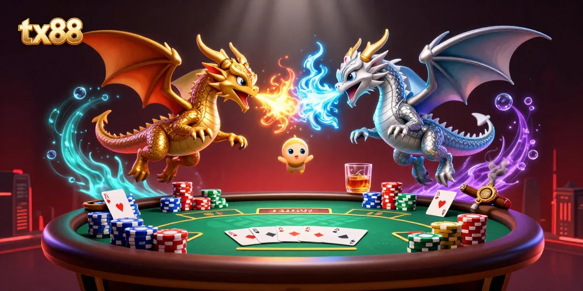 Engage with the thrilling action of tx88 as cartoon dragons clash in a vibrant casino scene.