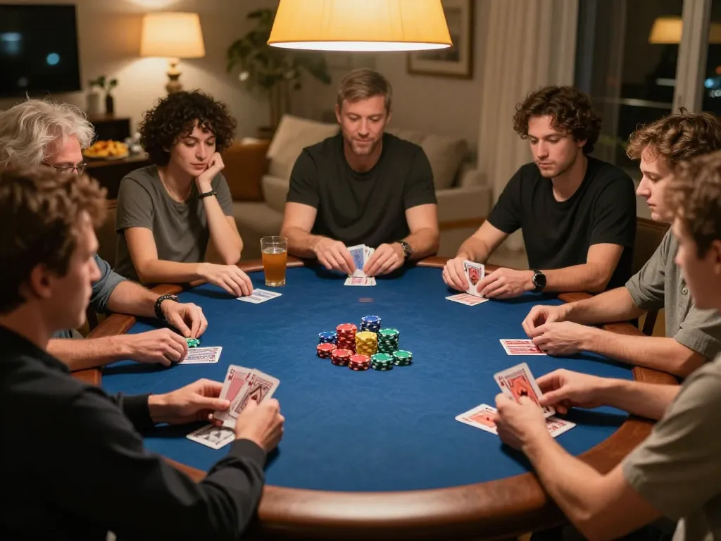 KADAL 778 poker game in a cozy home setting, highlighting a competitive round table atmosphere.