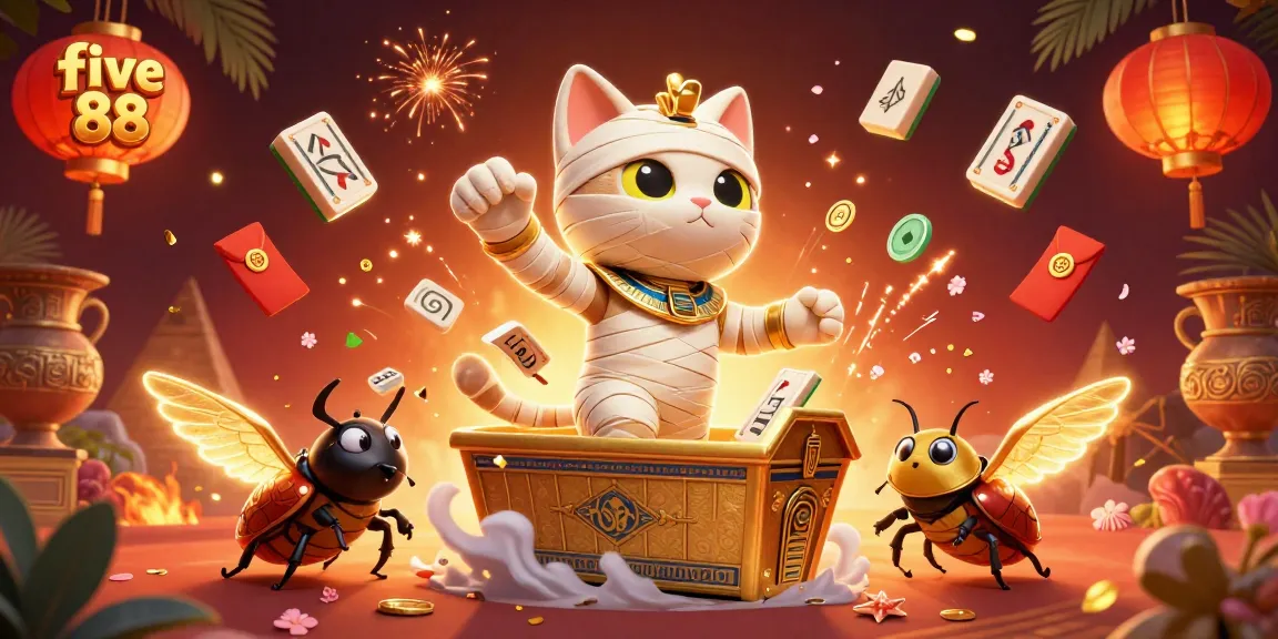 Engage with the vibrant five 88 pyramid casino, featuring a dramatic mummy cat and scarab companions.