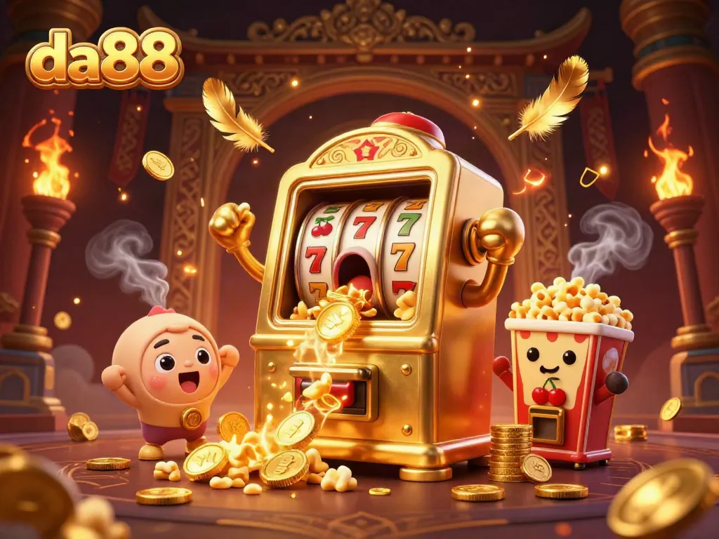 Experience the excitement of da88 with a cartoon slot machine hitting a jackpot, surrounded by cheering mini slot machines.