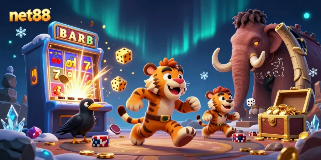 Experience thrilling gameplay at Net88 with caveman and sabertooth tiger in a prehistoric casino
