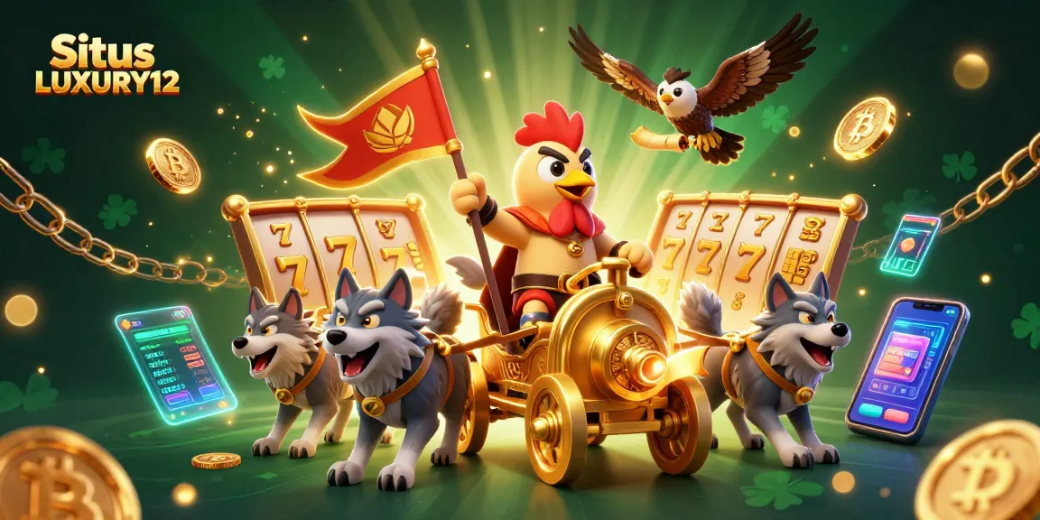 Experience thrilling gameplay on Situs LUXURY12 with a vibrant 3D scene of a rooster warlord and winning elements.