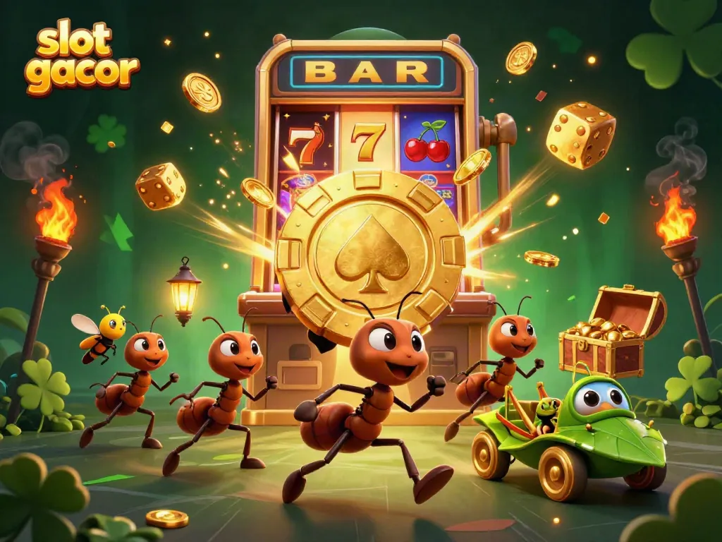 Experience the excitement of slot gacor with animated ants on a heist, capturing a giant poker chip amid casino treasures.