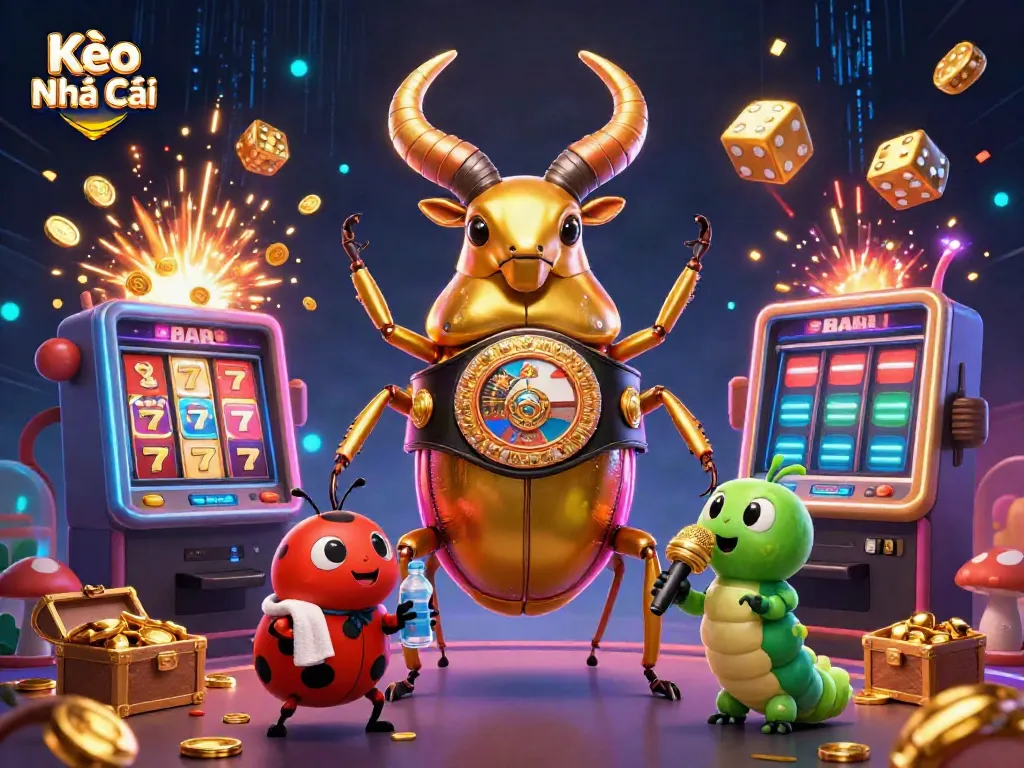 Kèo Nhà Cái showcases vibrant casino action with a golden stag beetle champion, games, and jackpot excitement.