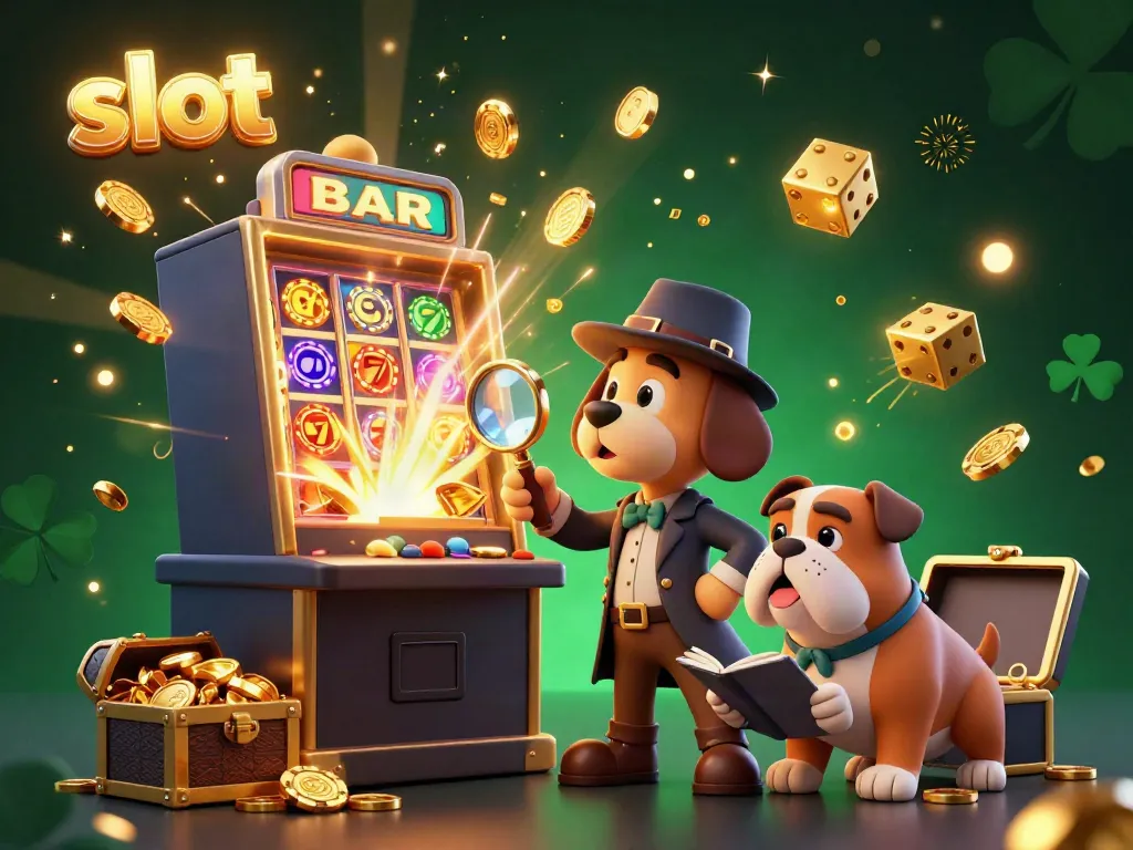 Detective bloodhound investigates a golden poker chip among slot machine treasures.