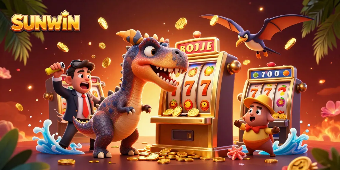 SUNWIN showcases an energetic illustration of a cartoon dinosaur interacting with a golden slot machine amidst vibrant casino elements.