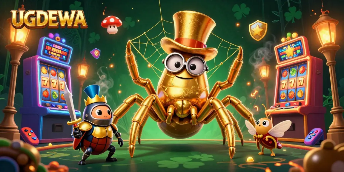 Spin to win at UGDEWA with a colorful casino scene featuring a giant tarantula and a beetle knight.