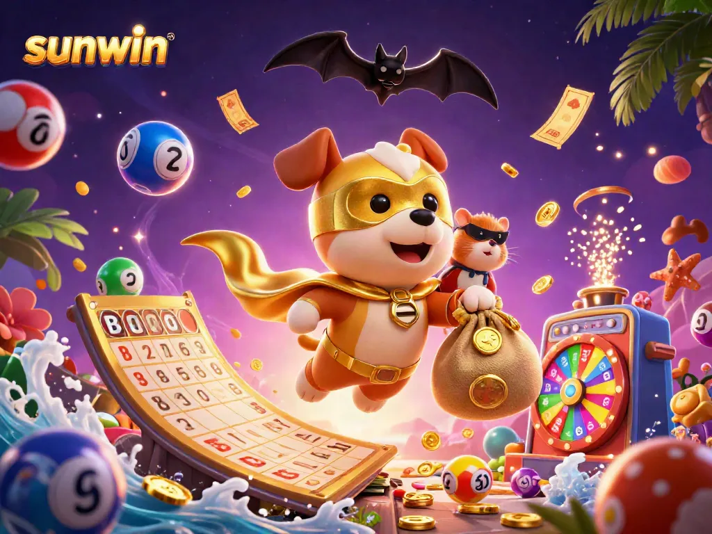 Experience the excitement of sunwin casino with a superhero dog and hamster amidst vibrant game symbols.