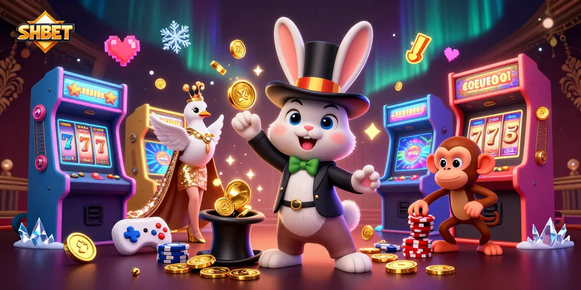 Play and win at SHBET with a thrilling 3D casino scene featuring vibrant characters and gaming elements.