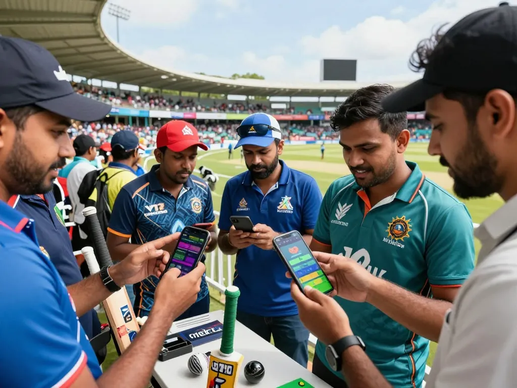 Excited cricket fans engaging with Crickex download on smartphones at a packed stadium, showcasing vibrant betting action.