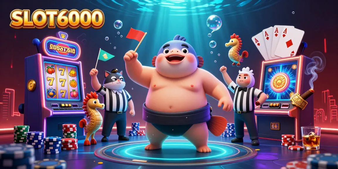 Experience exciting gameplay with SLOT6000 in this vibrant underwater gambling scene featuring a fugu, catfish referee, and colorful slot elements.