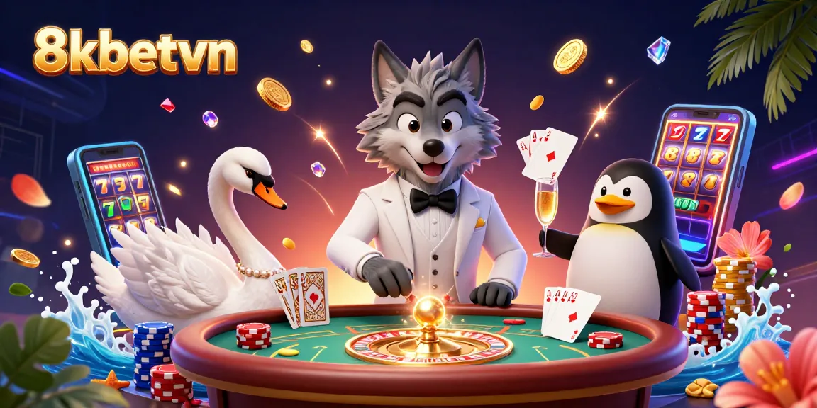 Experience thrilling gaming with 8kbetvn through a vibrant casino scene featuring dynamic characters.