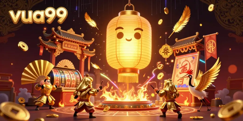 Engage in vibrant gambling excitement with vua99 through a glowing 3D spirit and golden companions at a lively casino.