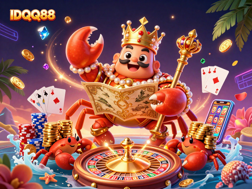 Engage in thrilling casino action with IDQQ88 and a vibrant crab emperor amidst valuable gems and chips.