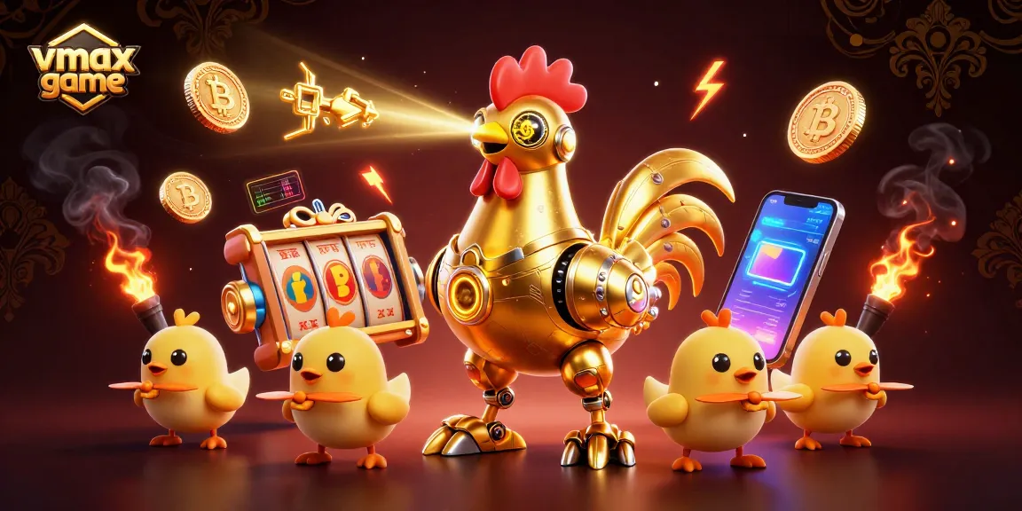 Play the vmax game with vibrant 3D casino elements and a golden rooster robot in action.