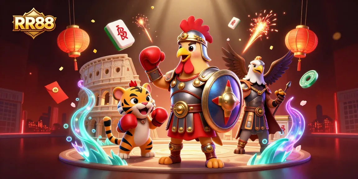 Experience thrilling RR88 casino adventures with a 3D cartoon gladiator rooster, gaming elements, and vibrant effects.