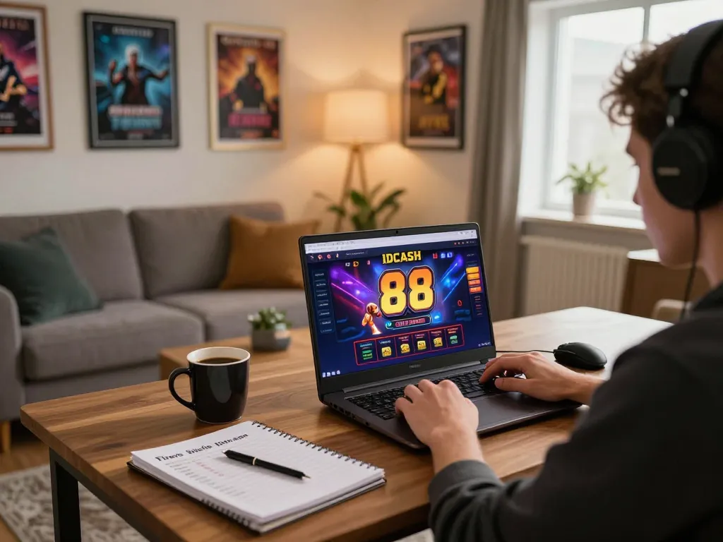 Engaging gameplay on IDCASH 88 online casino, featuring a player strategizing in a warm home setting