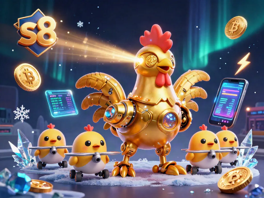 S8 platform showcases fun gaming strategies with futuristic golden rooster robot and baby chick drones engaging in exciting online gambling.