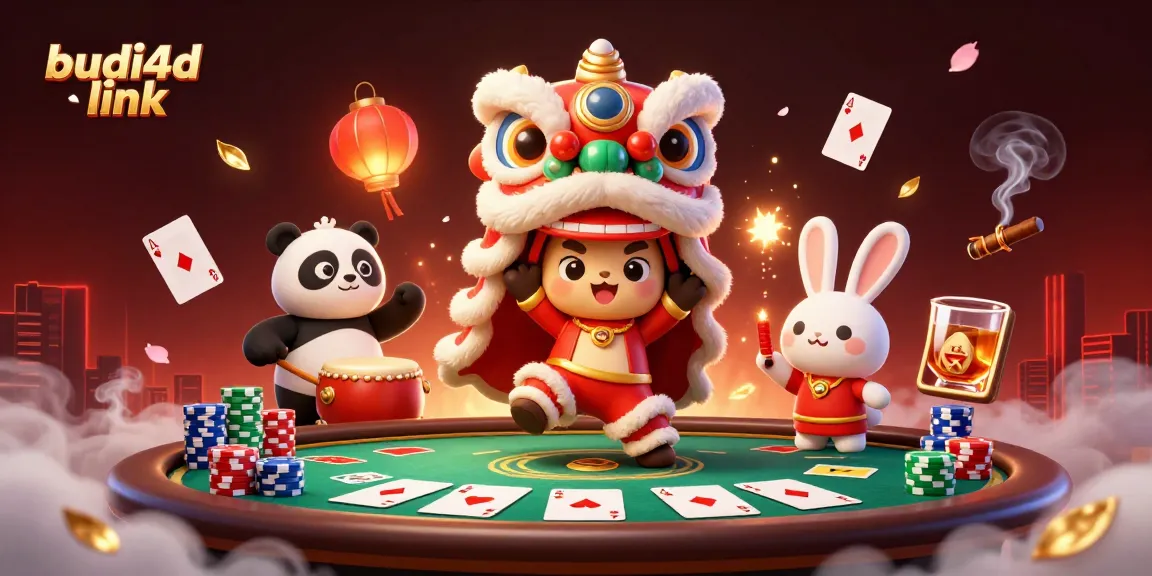 Experience the excitement of budi4d link with a lively casino scene featuring a lion dance and poker elements.