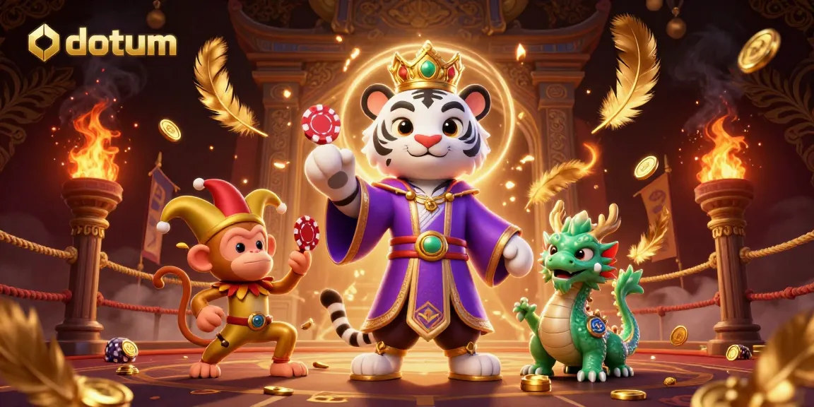 Engage with the captivating datum casino scene featuring a royal tiger, jester monkey, and jade dragon amidst golden gaming elements.
