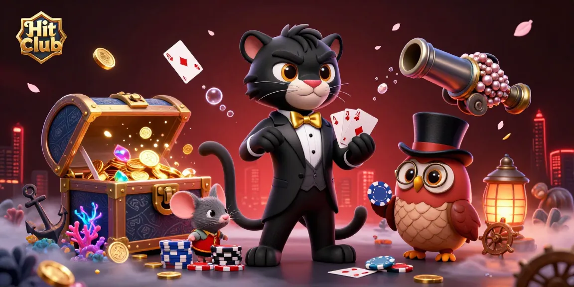 Hit club featuring a stylish cartoon panther dealing cards with poker elements and colorful treasures.