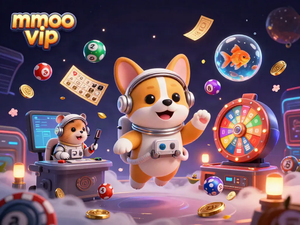 Engage with mmoo vip in a dynamic floating space casino scene featuring an astronaut corgi and more.