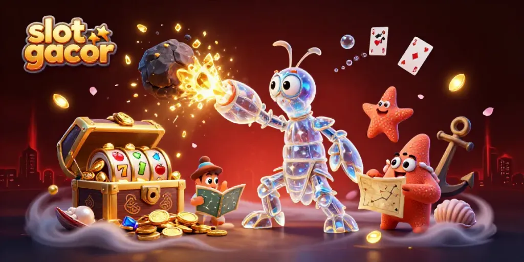 Gambarkan sensasi permainan slot gacor dengan samurai udang mantis dan harta karun berkilau.
