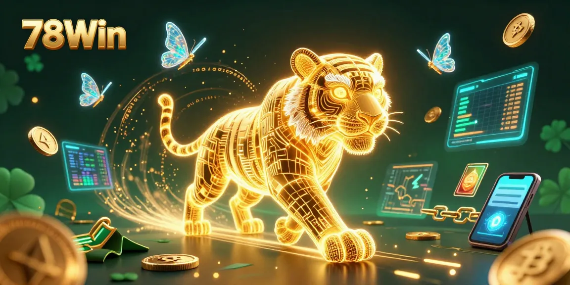Join the excitement at 78Win with vibrant casino visuals showcasing neon tigers and cryptocurrency!