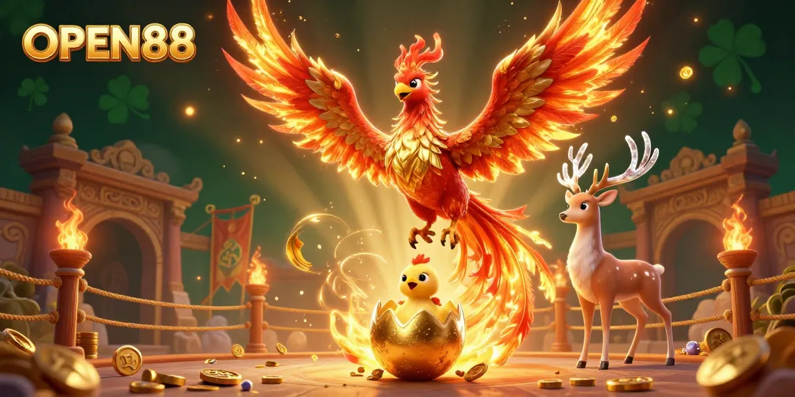 Engage with OPEN88's exciting gaming universe featuring a phoenix and stag surrounded by dazzling casino elements.