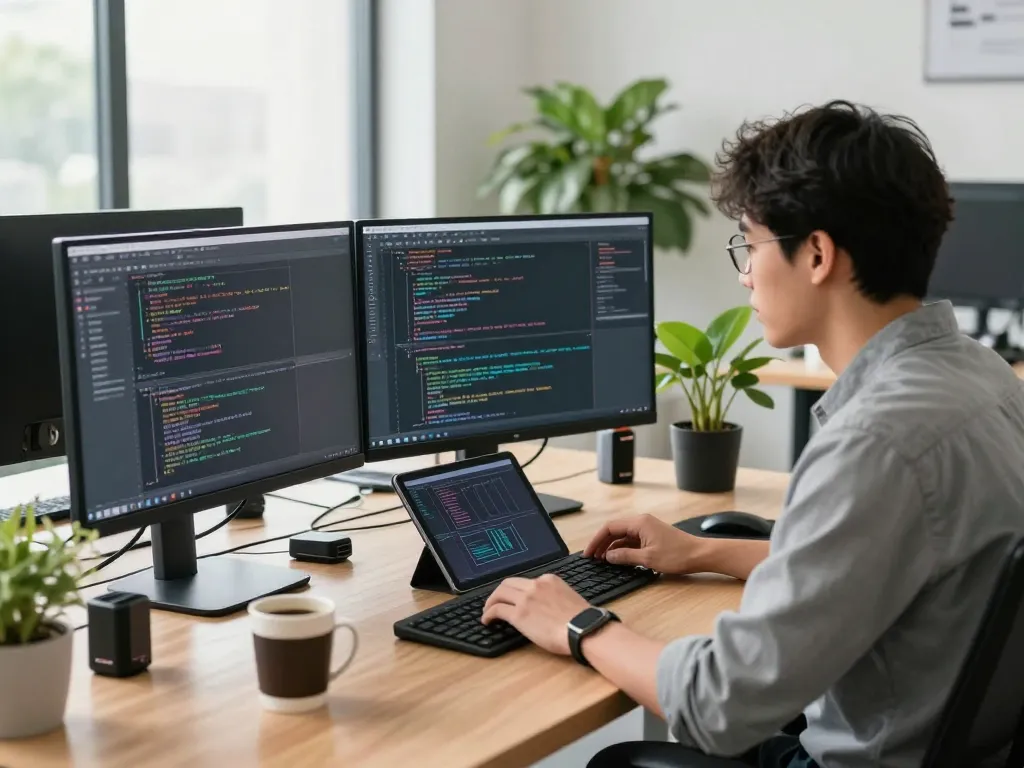 快连 in a modern workspace showcasing a developer coding at dual monitors, surrounded by tech gadgets and natural light.
