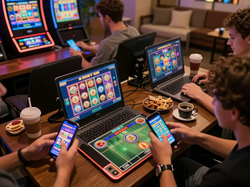 Nổ hũ gaming session on a laptop, showing vibrant slot screens and players involved.