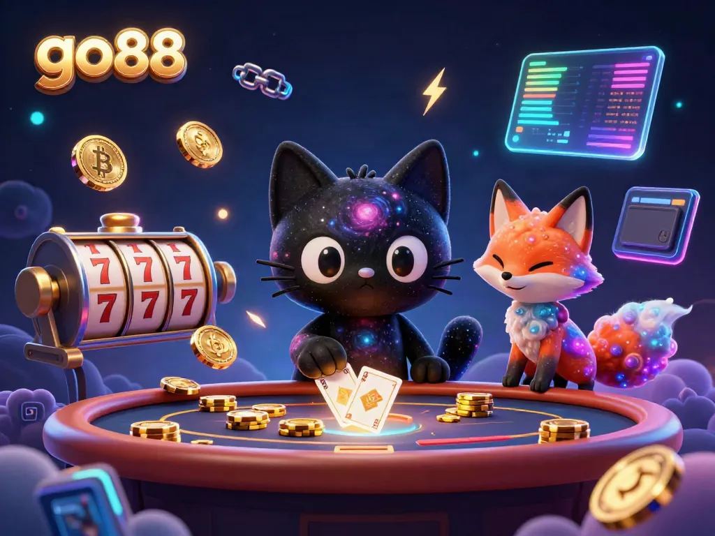 Experience the exciting offers of go88, with a cartoon black hole cat and a nebula fox amidst vibrant casino elements.