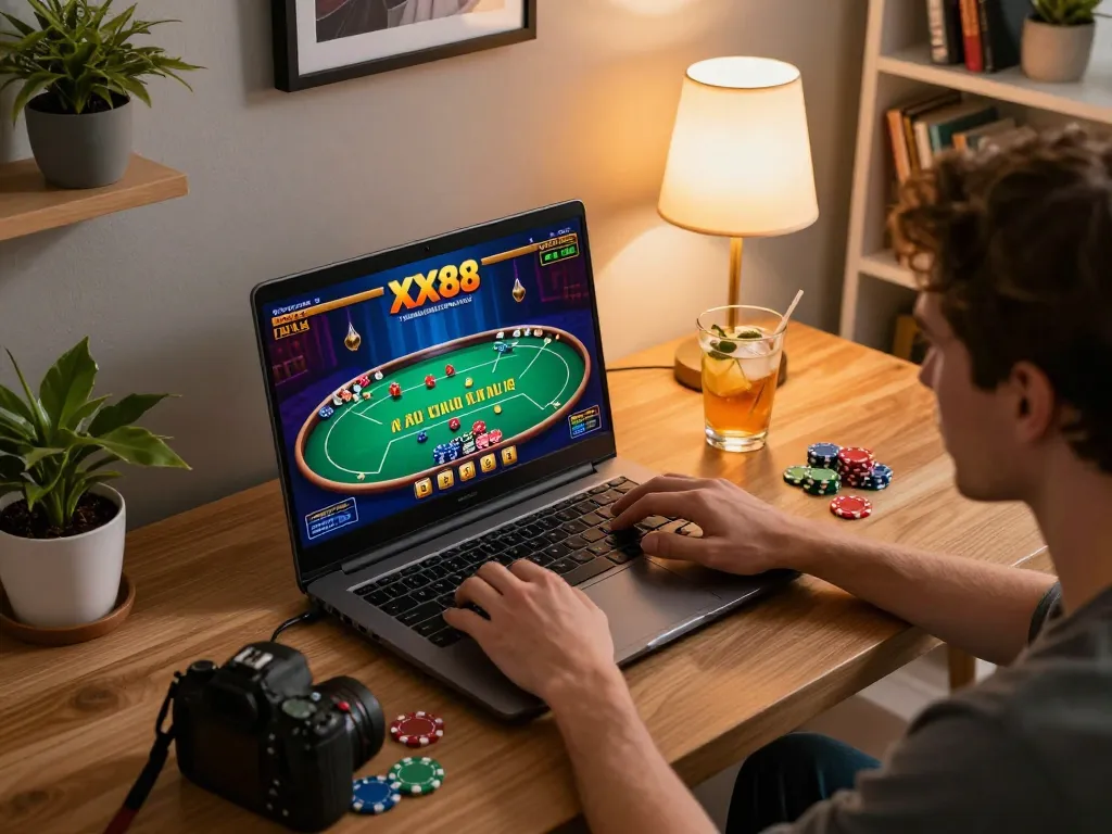 Engaging gameplay on XX88 casino platform with dynamic online poker action displayed on laptop screen.