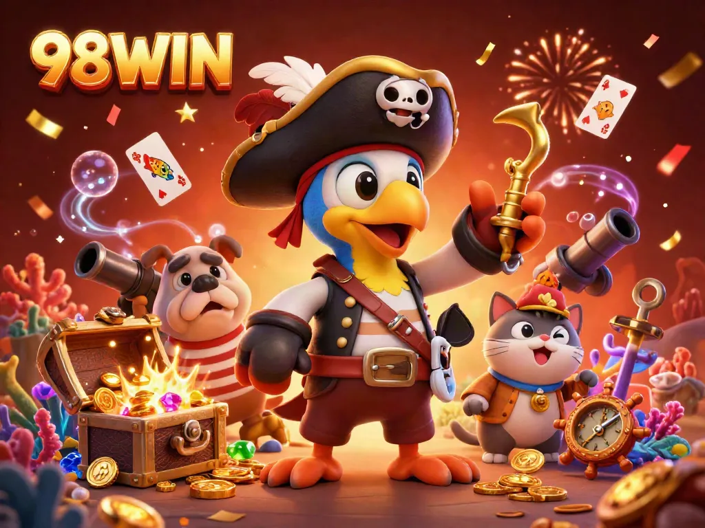 Experience the thrilling world of 98WIN with a vibrant pirate-themed illustration, bursting with casino treasures.