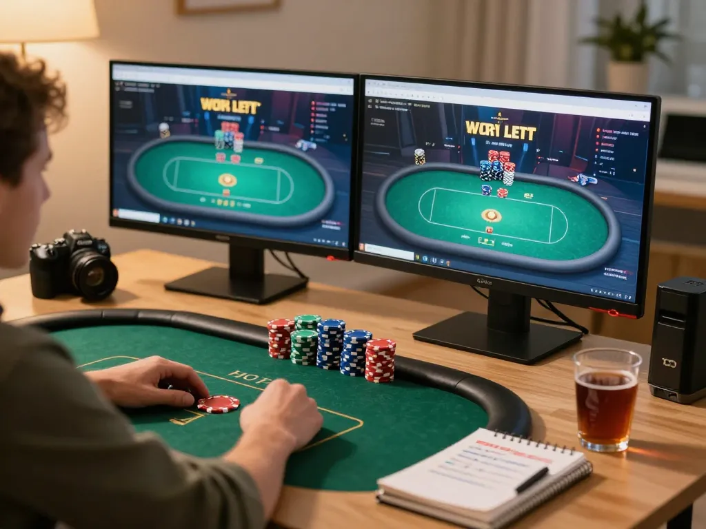 Engaging online poker gameplay at home on badak178, featuring player strategies with chips and monitors.