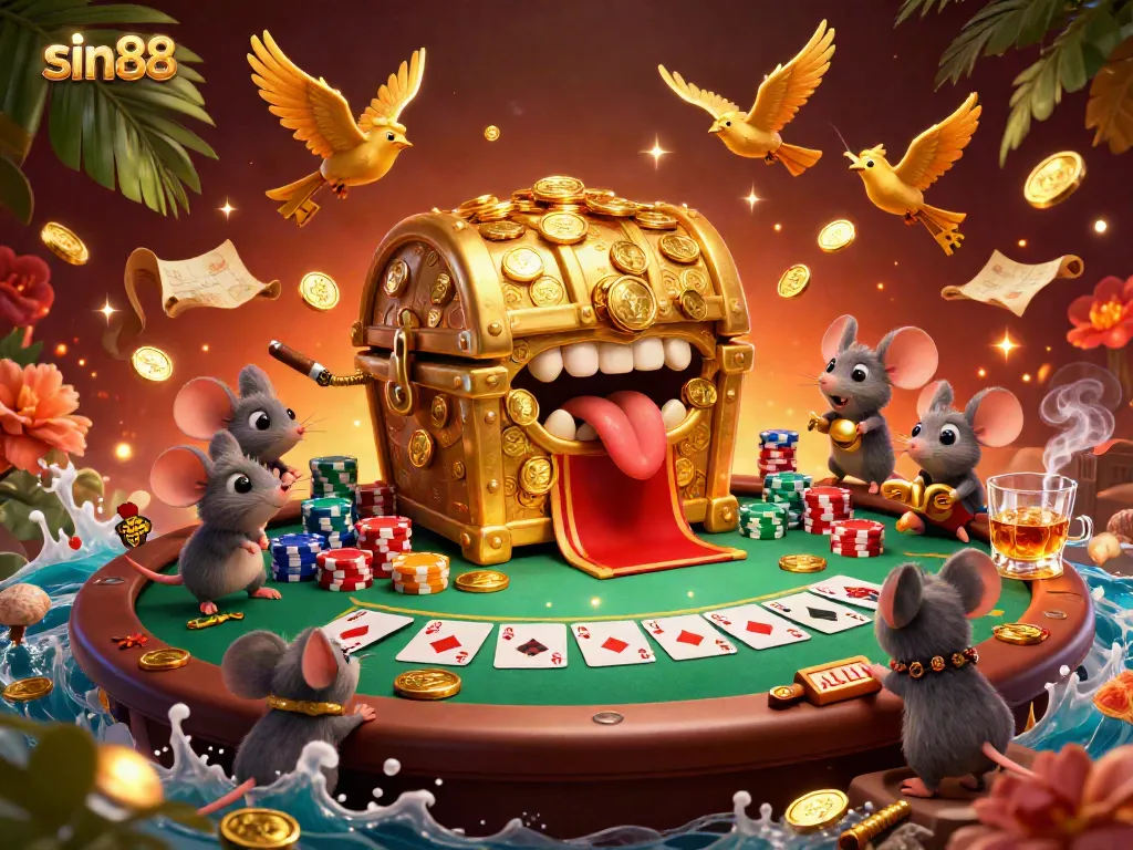 Engage with the dynamic sin88 casino experience, illustrated with vibrant characters, poker action, and colorful chips.
