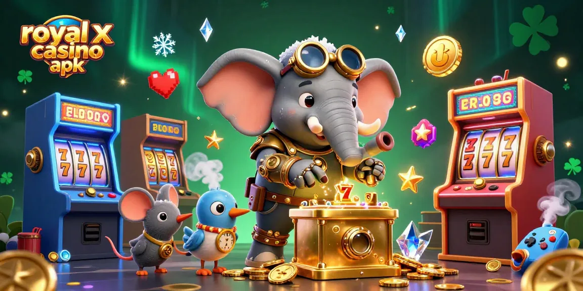 Engage with royal x casino apk gameplay in a vibrant, animated 3D illustration featuring steampunk characters and casino elements.