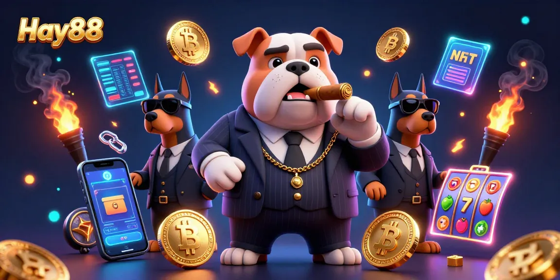 Engage with Hay88’s thrilling casino adventure featuring a bulldog boss and Doberman guards amid vibrant slot games.