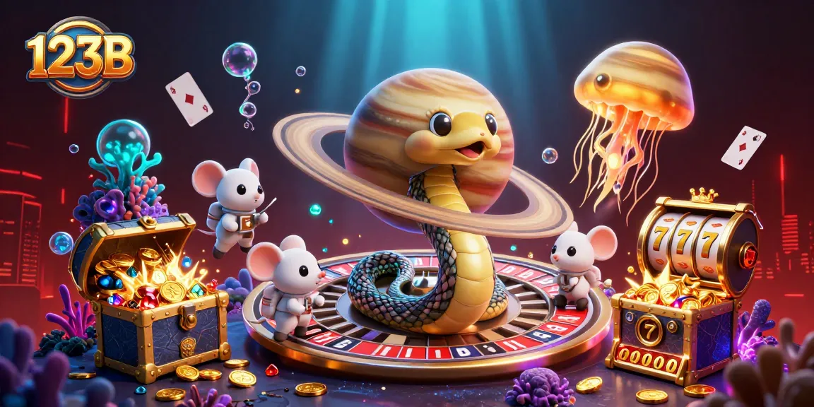 Engage in thrilling bets at 123B with a vibrant cosmic casino scene featuring snakes, astronauts, and gold!