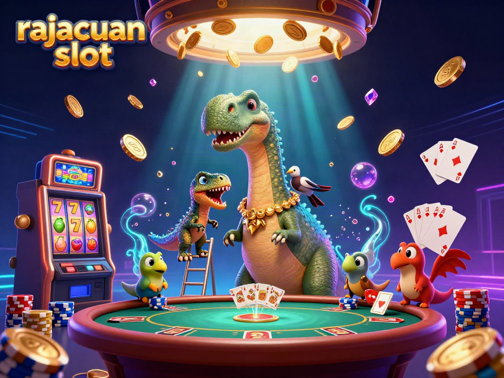Engage with rajacuan slot as the cartoon brontosaurus watches a clever raptor deal cards amid casino treasures.