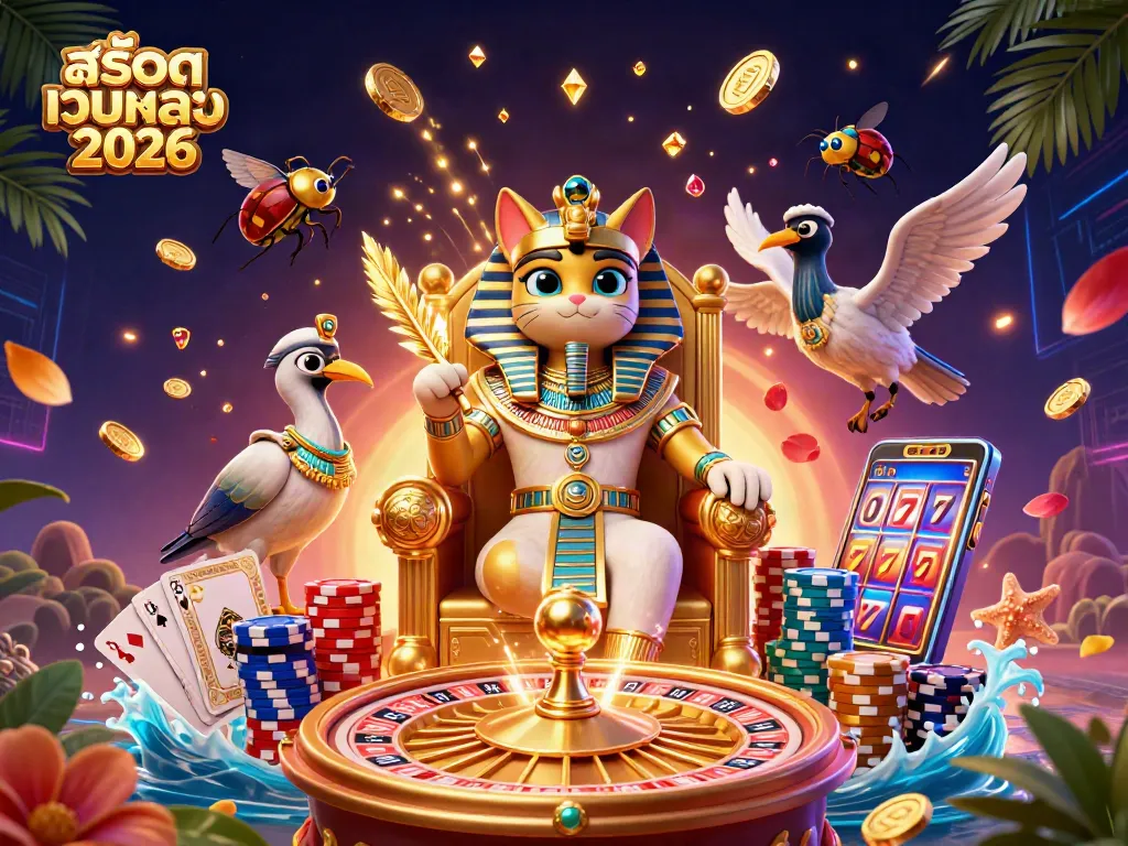 รูปภาพแสดง สล็อตเว็บตรง 2026 ที่มีฟาโรห์แมวในพระราชอาคารพร้อมสัญลักษณ์คาสิโน