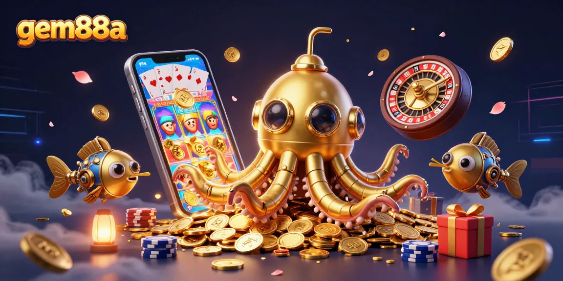 Experience gem88a with a 3D golden kraken submarine and vibrant casino elements, immersing in thrilling gameplay.