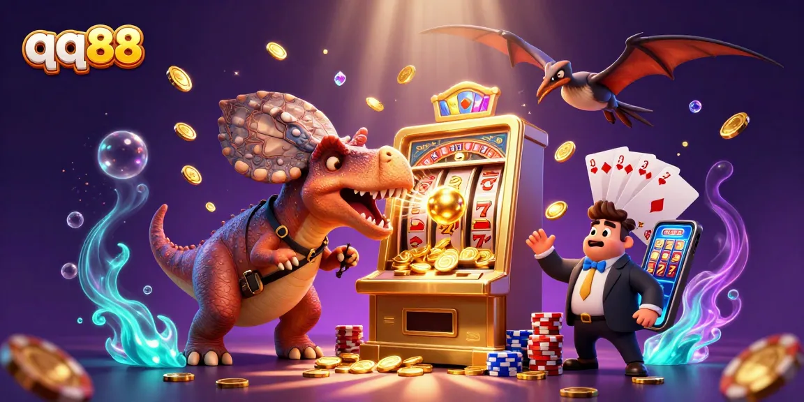 qq88 energizes excitement with a cartoon dinosaur winning jackpot coins at the slot machine.