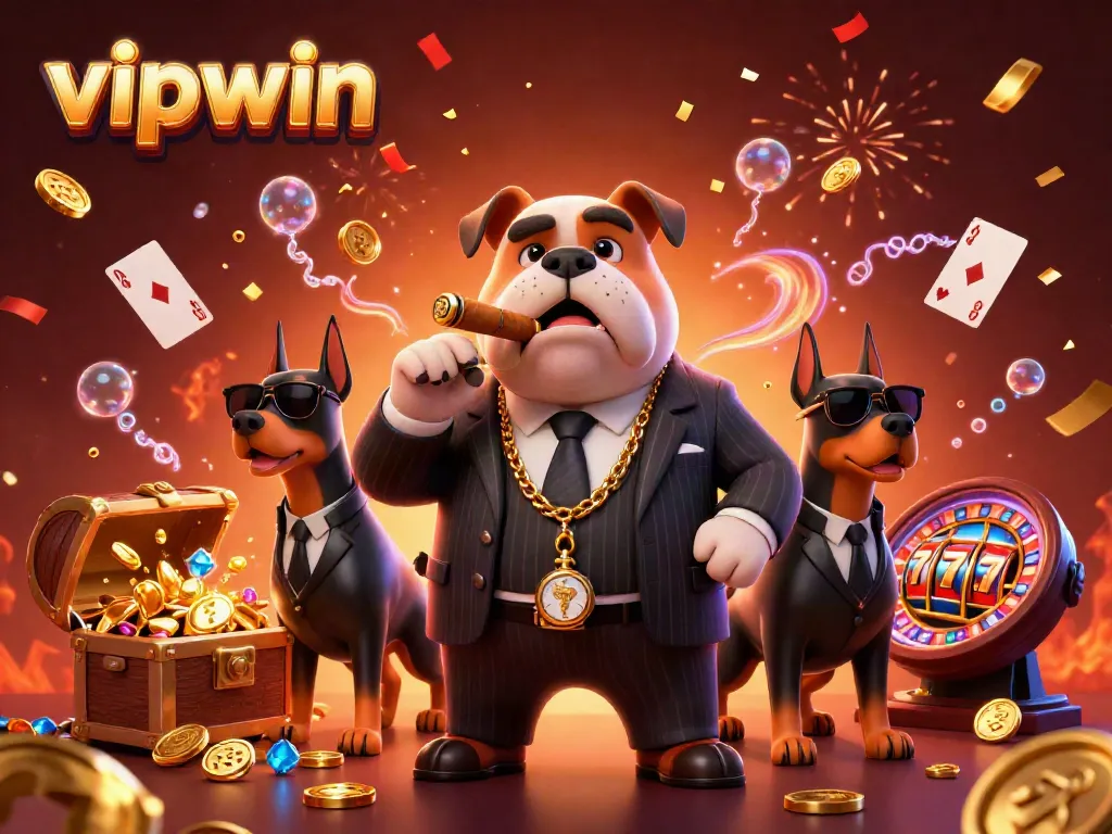 Experience thrilling gameplay at vipwin with a colorful casino scene featuring a mafia bulldog and his Doberman bodyguards.
