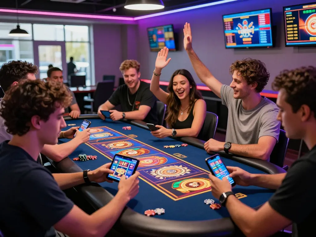 Exciting online gaming moment at vegasslot77.com with friends celebrating wins at a vibrant casino table.