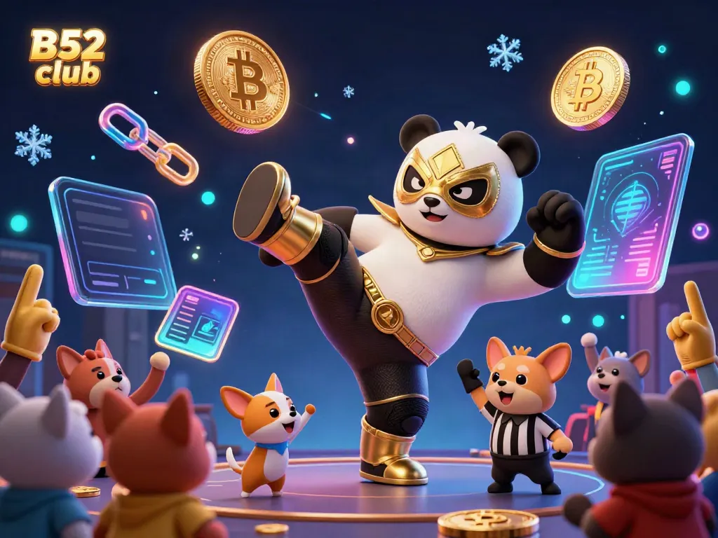 A dynamic 3D scene showcasing B52 club with a panda wrestler, crypto coins, and cheering animal fans.
