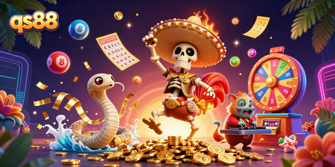Experience the thrill of winning with qs88's colorful lottery elements and dynamic characters in a vibrant action scene.