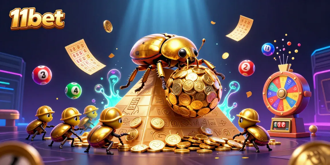 Experience the excitement of 11bet with vibrant casino symbols and colorful lottery elements.